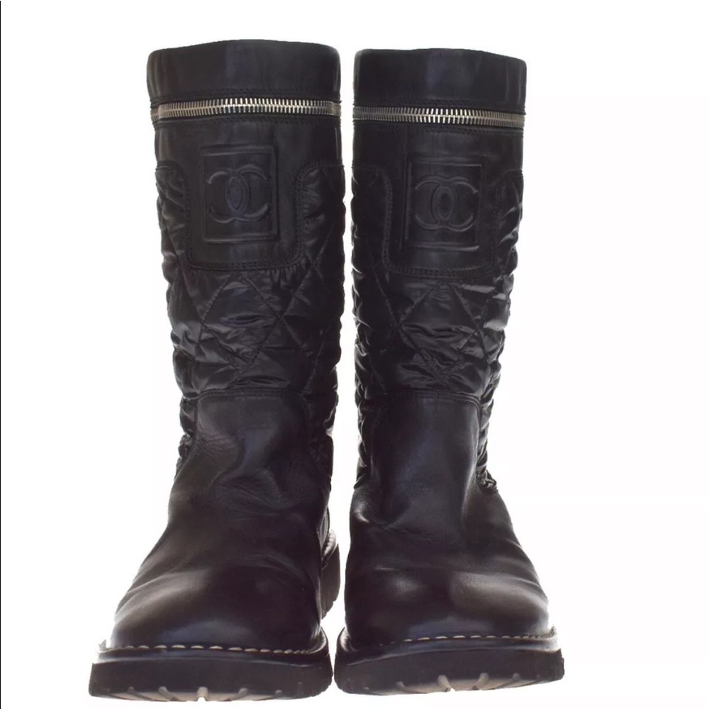 Authentic CHANEL CC Logo Coco Cocoon Boots Nylon Leather Black size 38